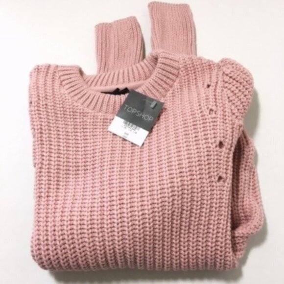 TopShop Womens Pink Cable Chunky Knit Crew Neck Distressed Sweater Sz 6 New - Picture 1 of 9